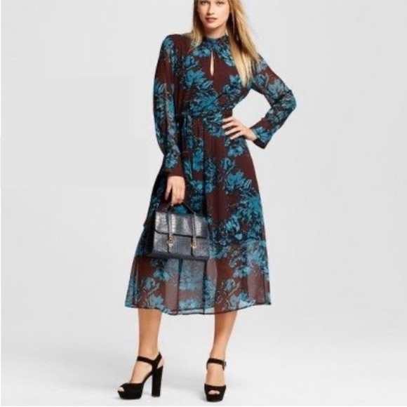 Who What Wear Dark Floral Sheer Feminine Long Sleeve Midi Dress Womens Small - Picture 1 of 9